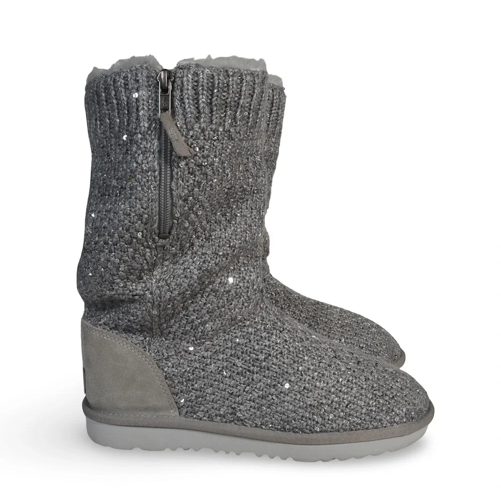UGG Knit Sequin Side Zip Boots Grey 1104669K Youth‎ 5 Women's 6